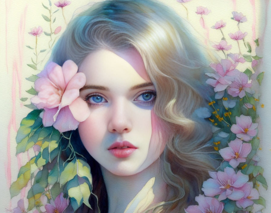 Detailed artwork of fair-skinned woman with blonde hair holding pink flower in pink blossom backdrop