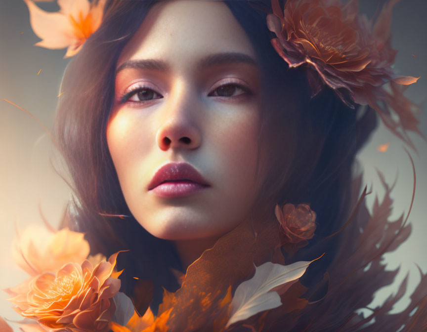 Serene woman portrait with soft-focus orange flowers