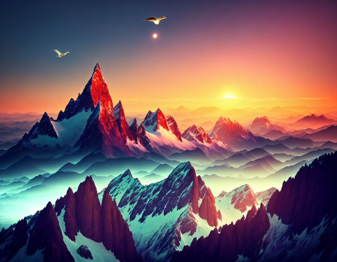 Colorful mountain landscape at sunset with mist layers, birds, red, orange, and blue hues