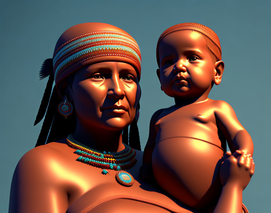 Native woman with baby in traditional attire on blue background.