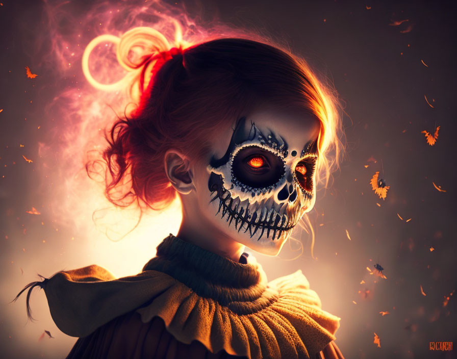 Detailed skull face paint on girl with glowing eyes, dynamic halo effect, surrounded by fluttering leaves against