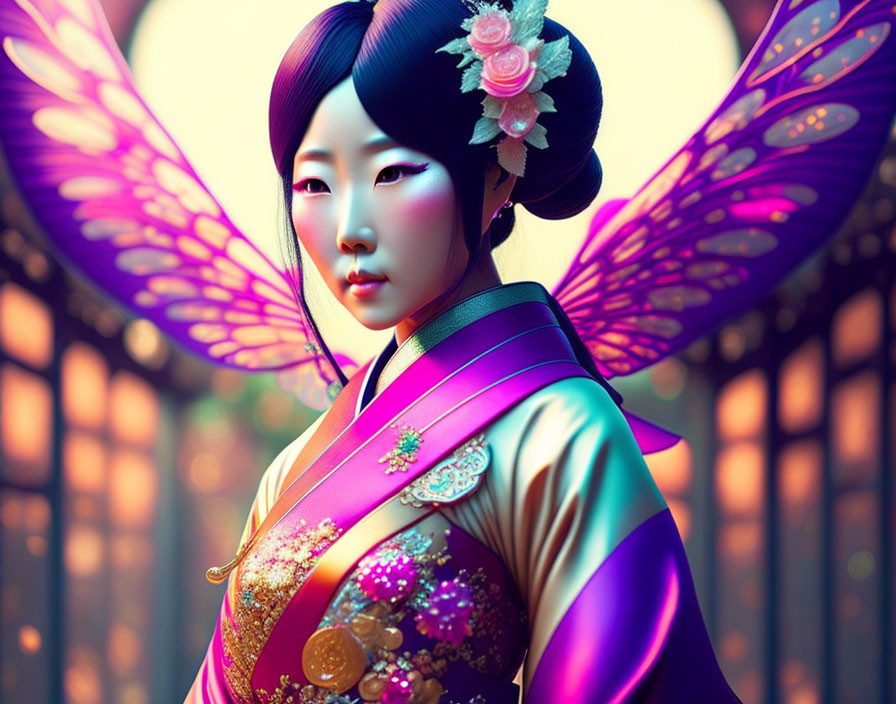 Colorful Kimono-Wearing Woman with Butterfly Wings Artwork