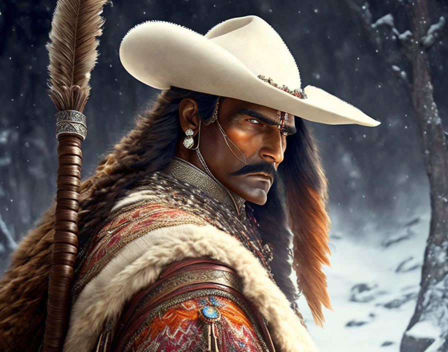 Stoic figure in white cowboy hat and Native American attire in snowy setting