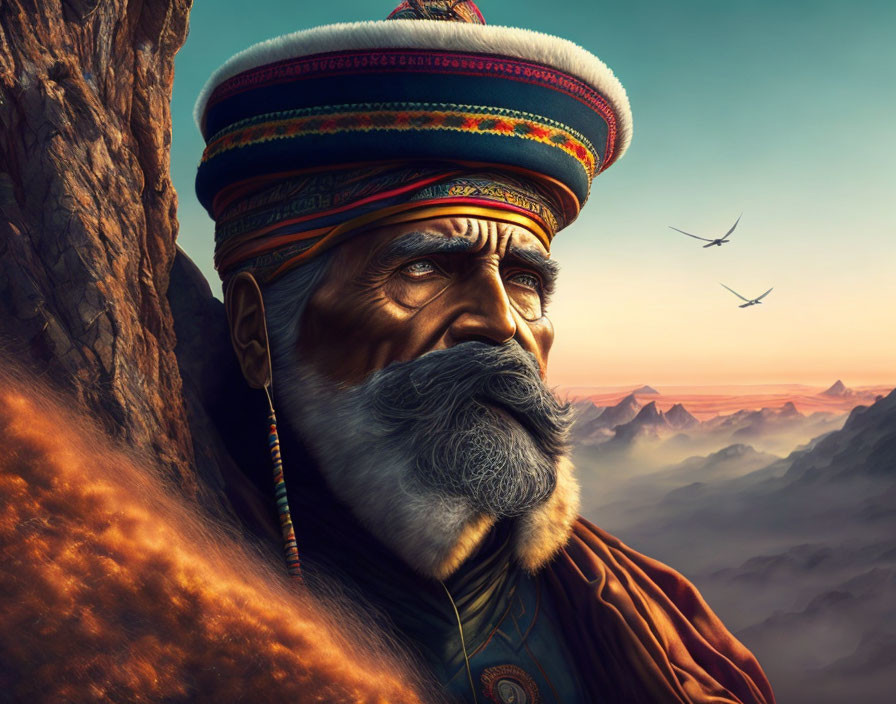 Elderly man with turban, intense gaze, and mountains backdrop