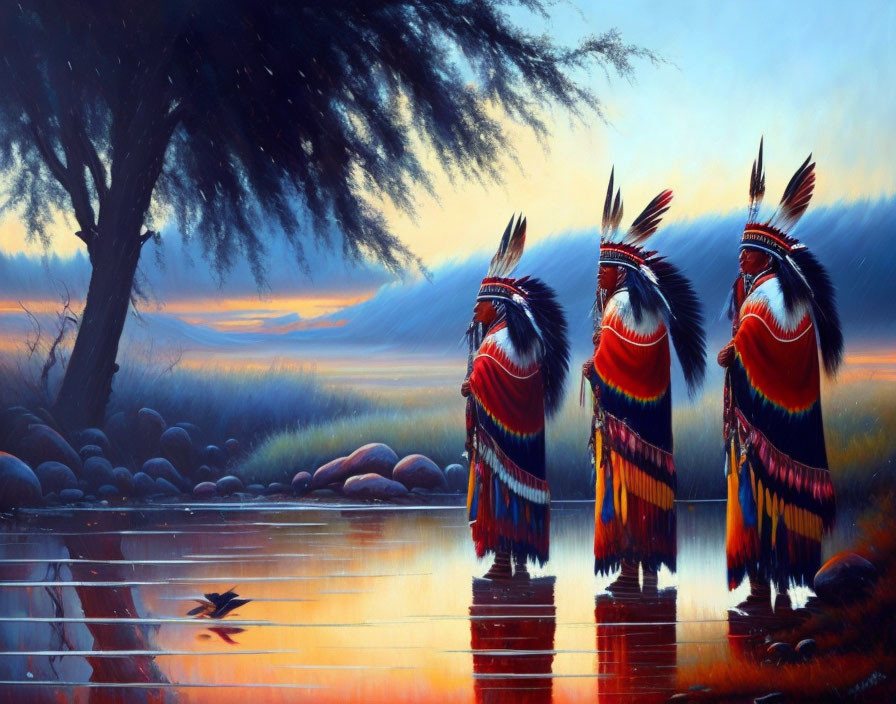 Native American figures in traditional attire by reflective water at twilight