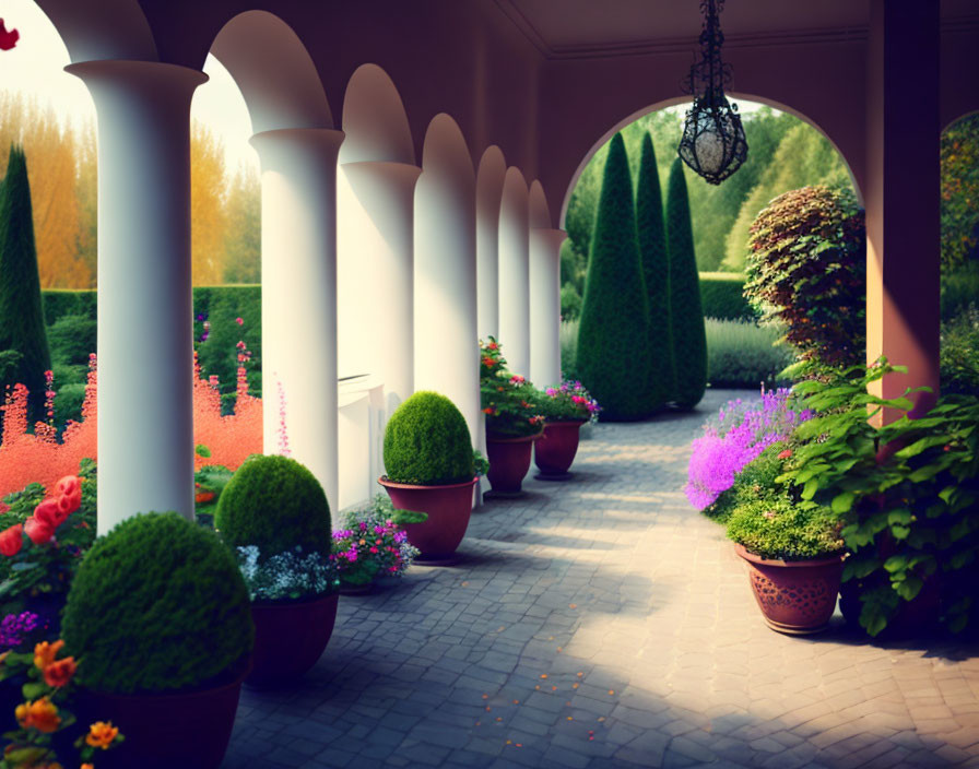 Manicured topiaries and floral-lined garden pathway under sunset light