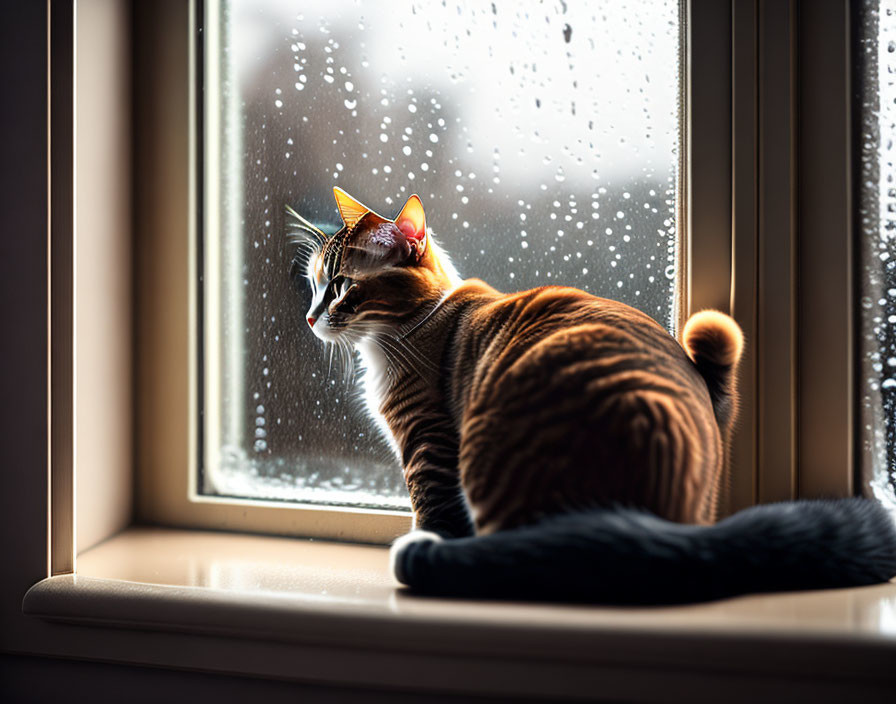 Brown and white striped cat by rain-spattered window with tail on windowsill