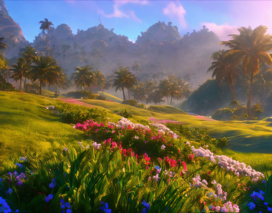 Vibrant landscape: greenery, flowers, palm trees, misty mountains at sunrise