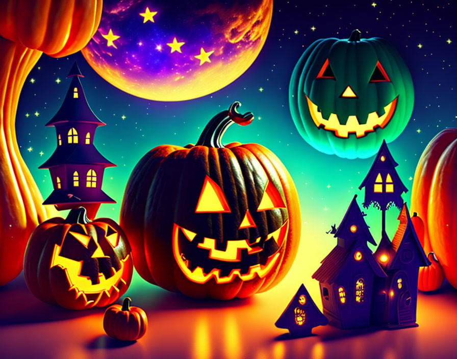 Halloween-themed image: carved pumpkins, spooky castle, haunted houses, full moon.