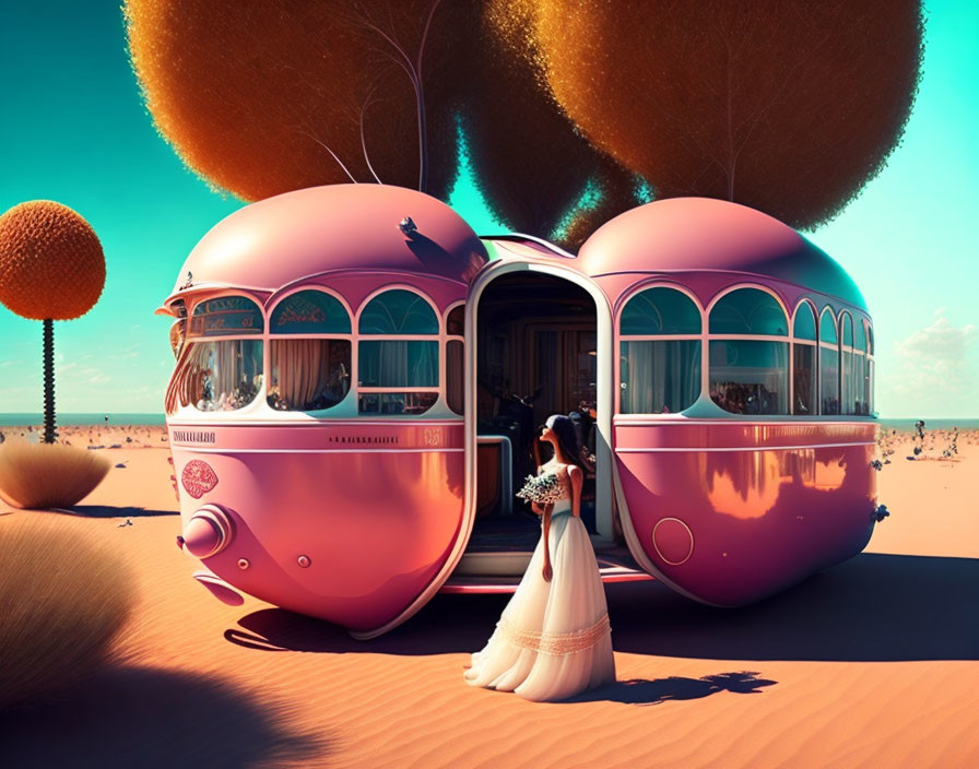 Bride in white dress on futuristic pink double-decker bus in surreal desert landscape