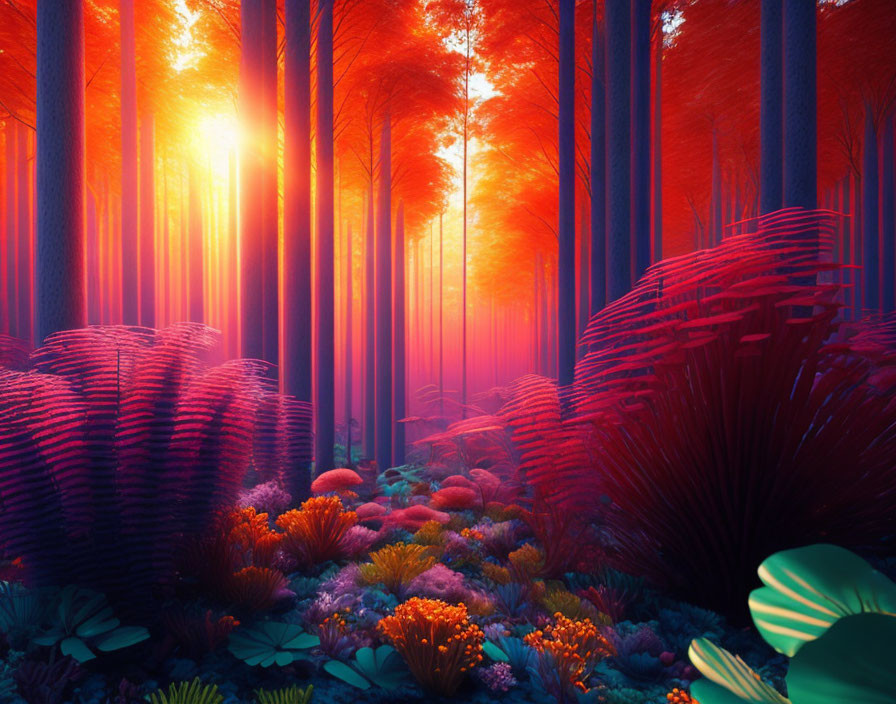 Vibrant Red and Purple Forest with Sunlight and Lush Flora