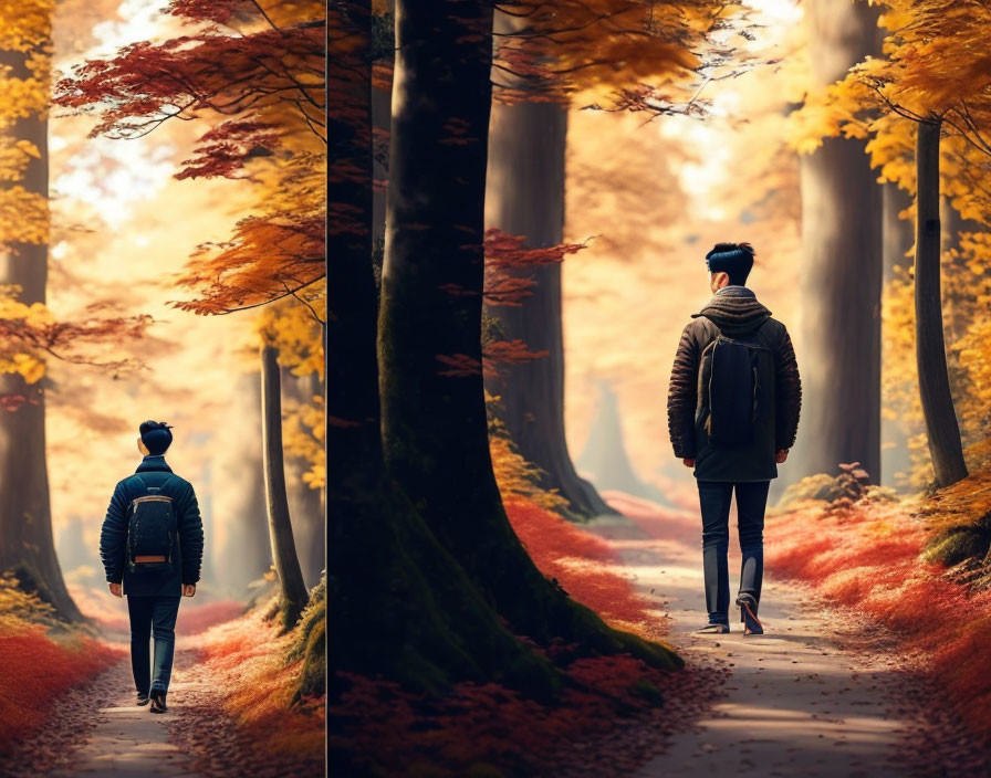 Person in jacket and beanie walks autumn forest path with golden leaves on misty day