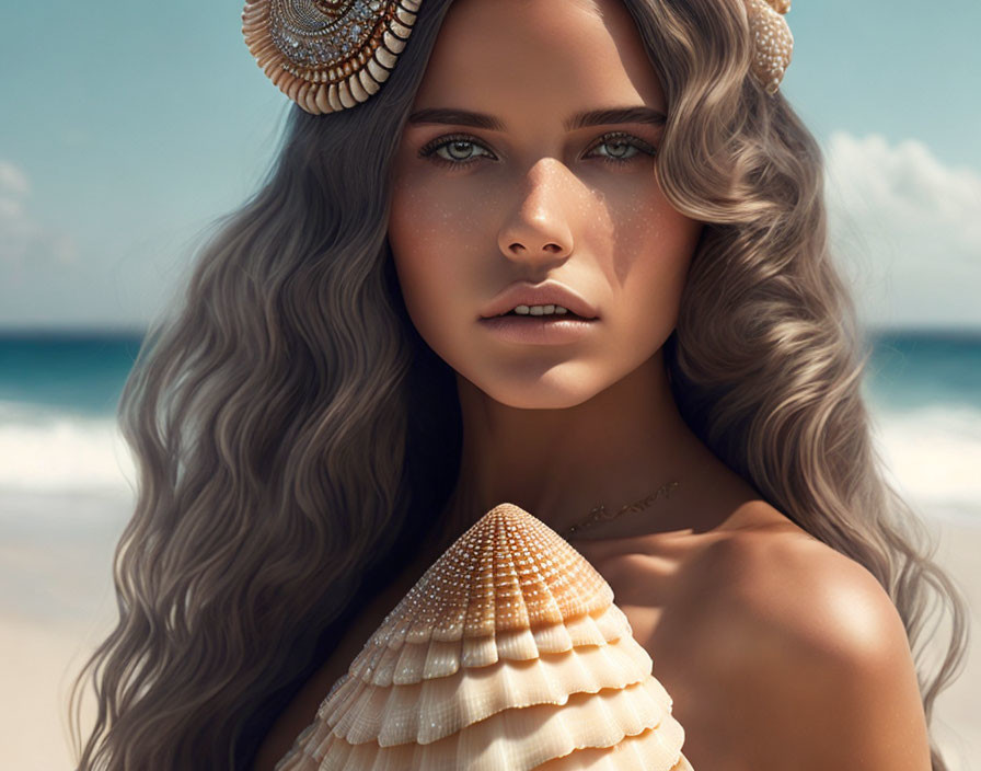 Woman portrait with shell adornments, wavy hair, and blue eyes on beach.