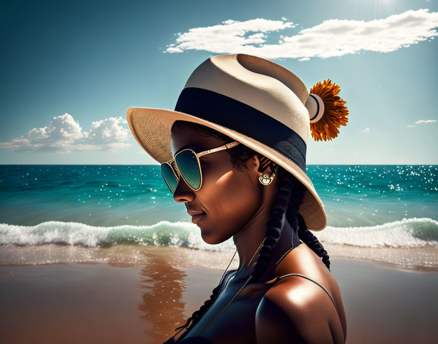 Fashionable individual at the beach in sunhat and sunglasses with braided hair and floral accessory.