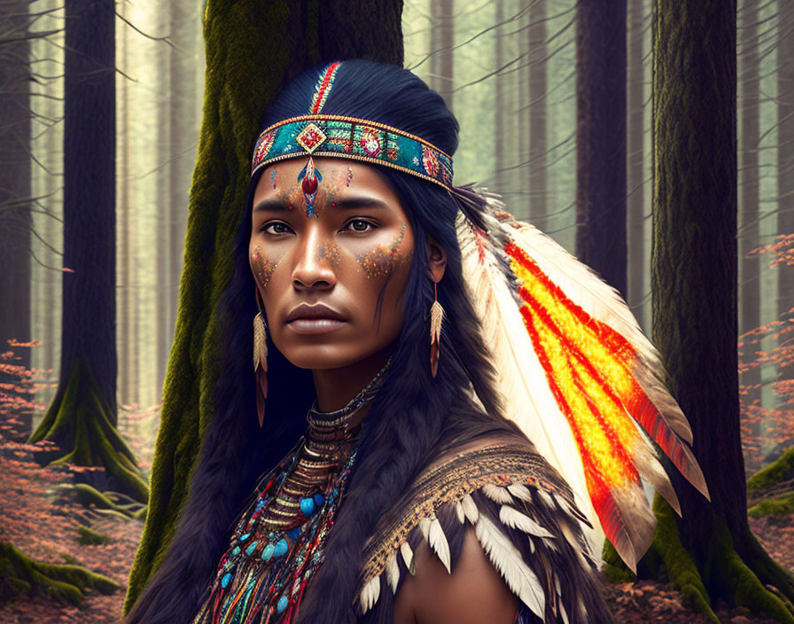 Native American person in feather headdress standing in forest