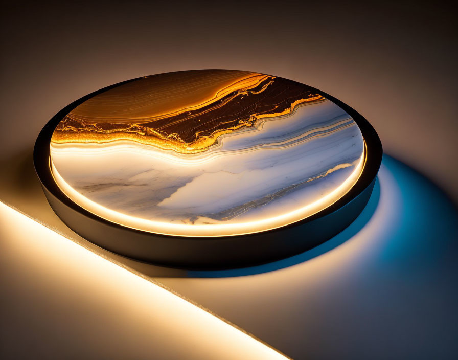 Circular Agate Slice with Brown and Golden Hues Illuminated from Below