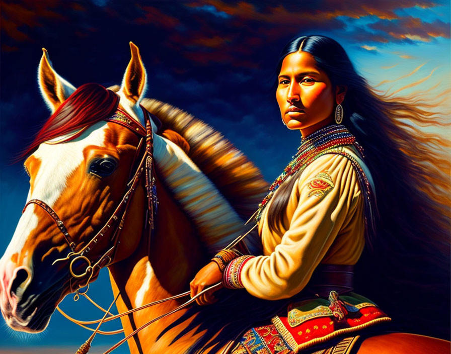 Native American woman riding horse under dramatic sky