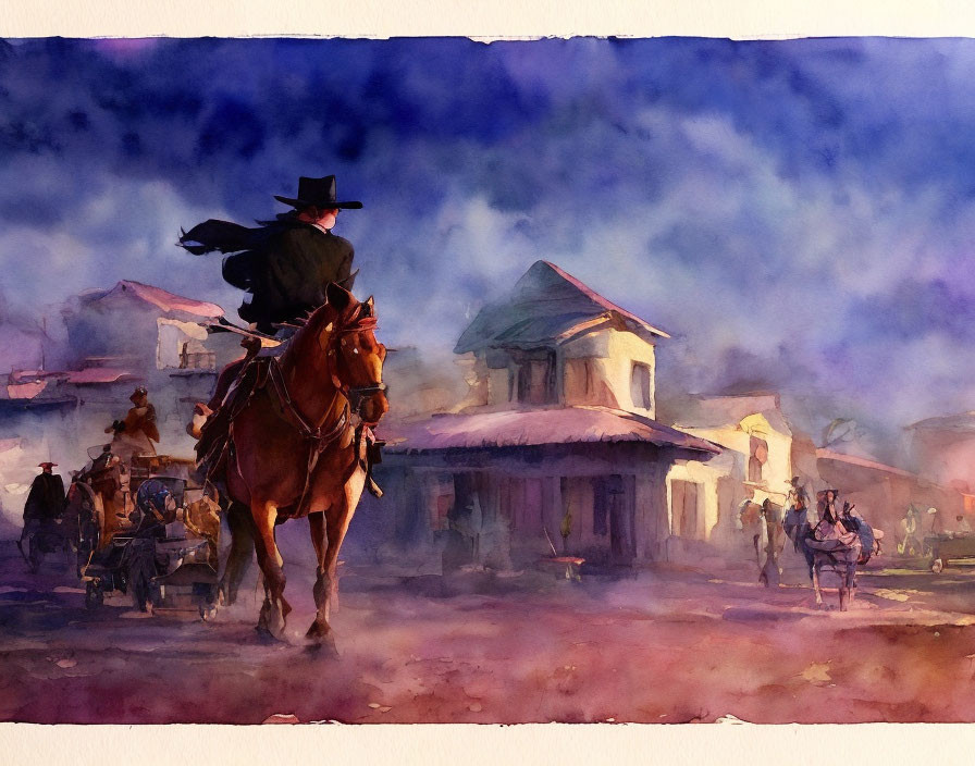 Cowboy riding horse in serene morning watercolor.