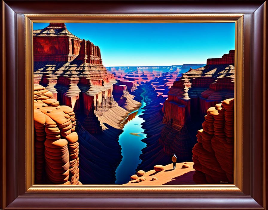 Surreal painting of canyon with river and solitary figure