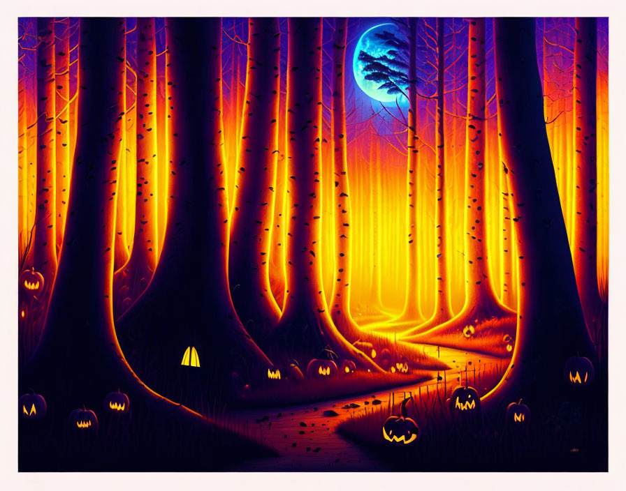 Mysterious Halloween forest with glowing pumpkins, crescent moon, and supernatural light.