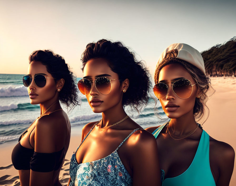 Three women in sunglasses on beach at sunset