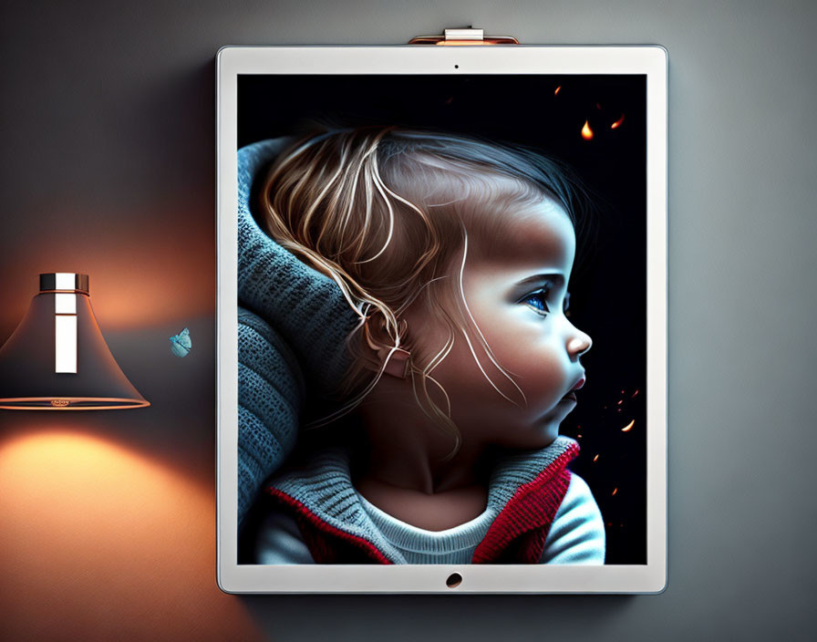 Digital artwork: Young girl on tablet with lamp and butterfly