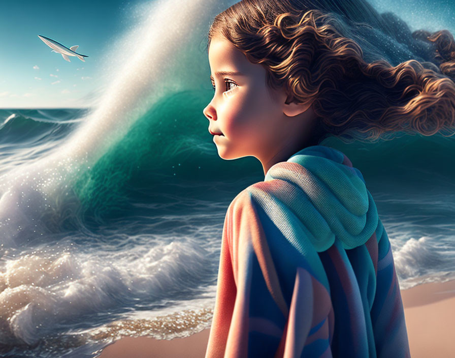 Curly-Haired Girl in Striped Cloth Looking at Sea with Paper Plane