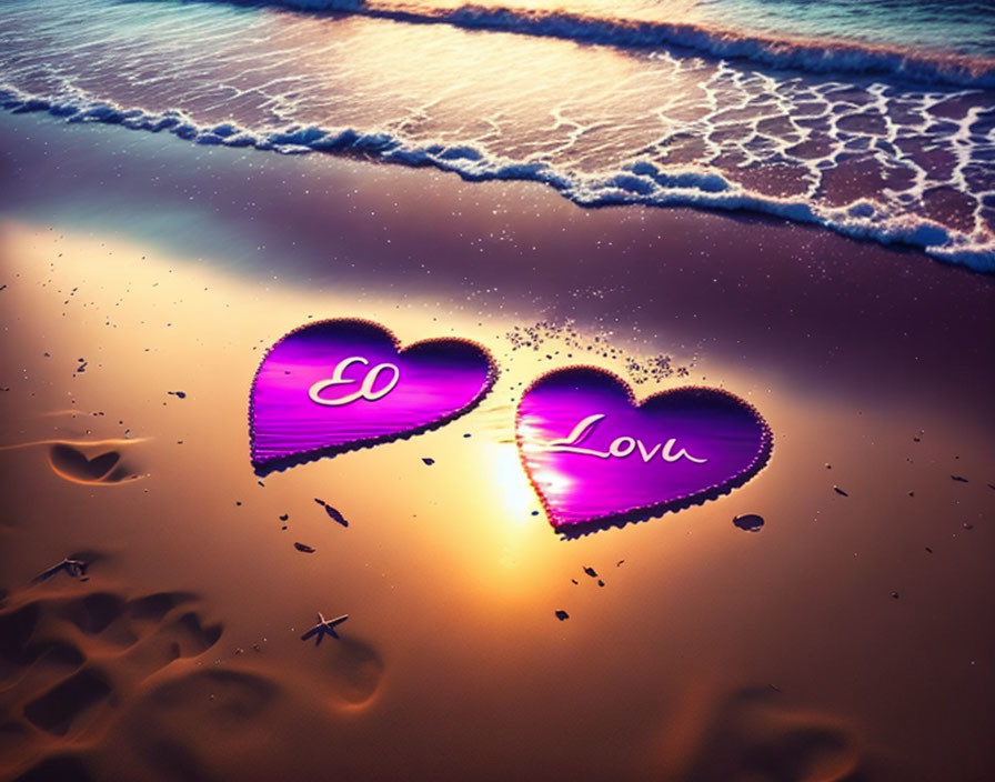 Heart-shaped objects with "Lo" and "Lov" on sandy shore at sunset