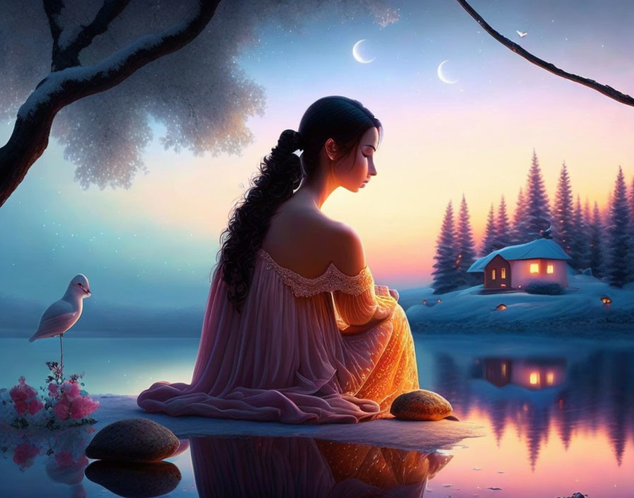 Woman in flowing dress by tranquil lake at twilight with cottage and vivid sky.