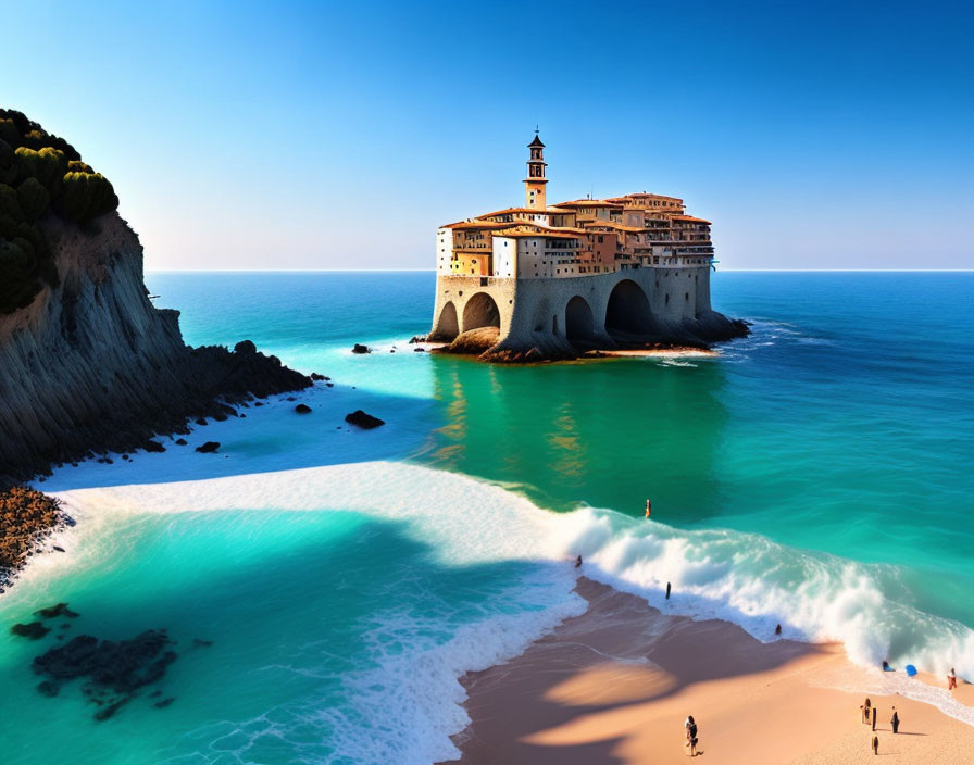 Unique Building on Rocky Seaside with Turquoise Waters