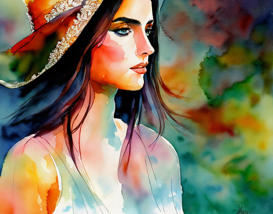 Colorful watercolor portrait of a woman in a hat on abstract background