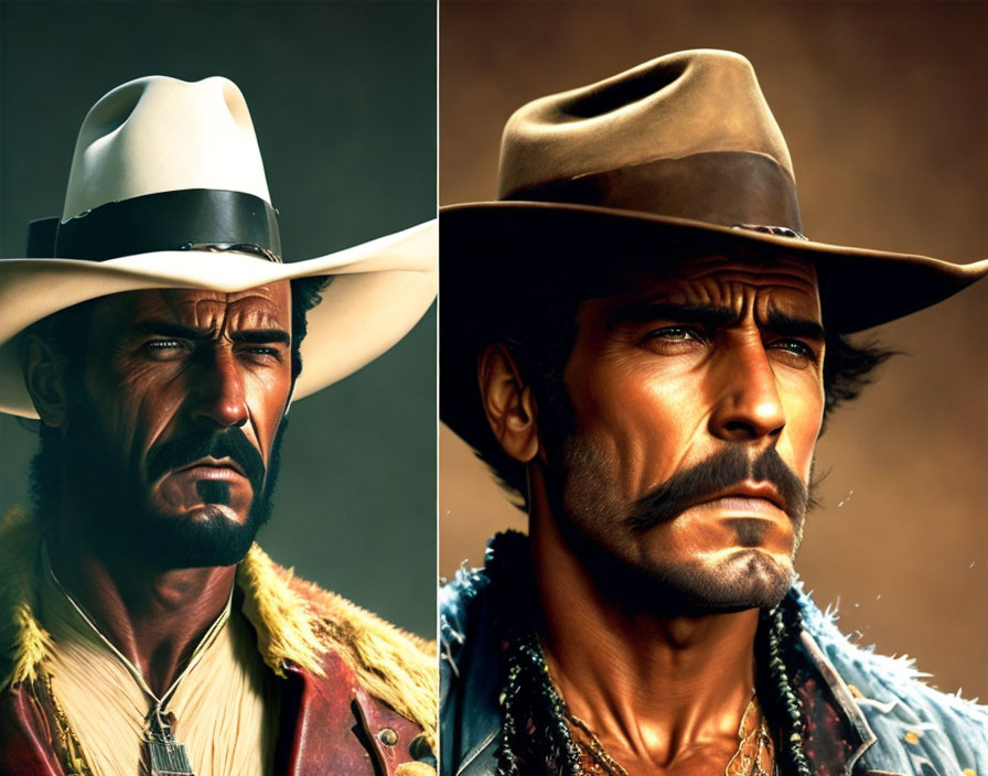 Male character in cowboy hat with stern expressions & rugged features