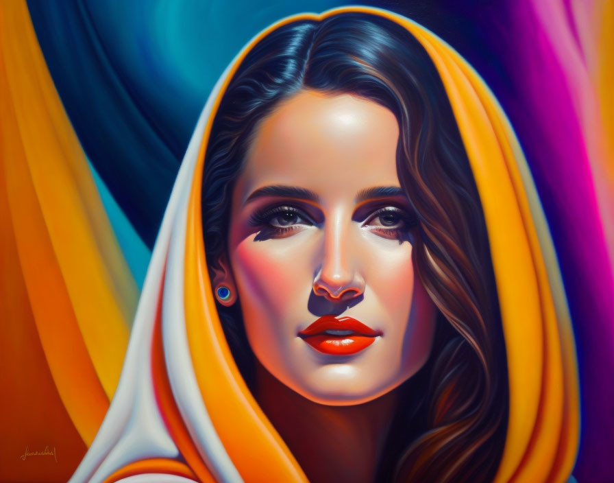 Colorful portrait of a woman with dark hair and red lipstick among abstract shapes