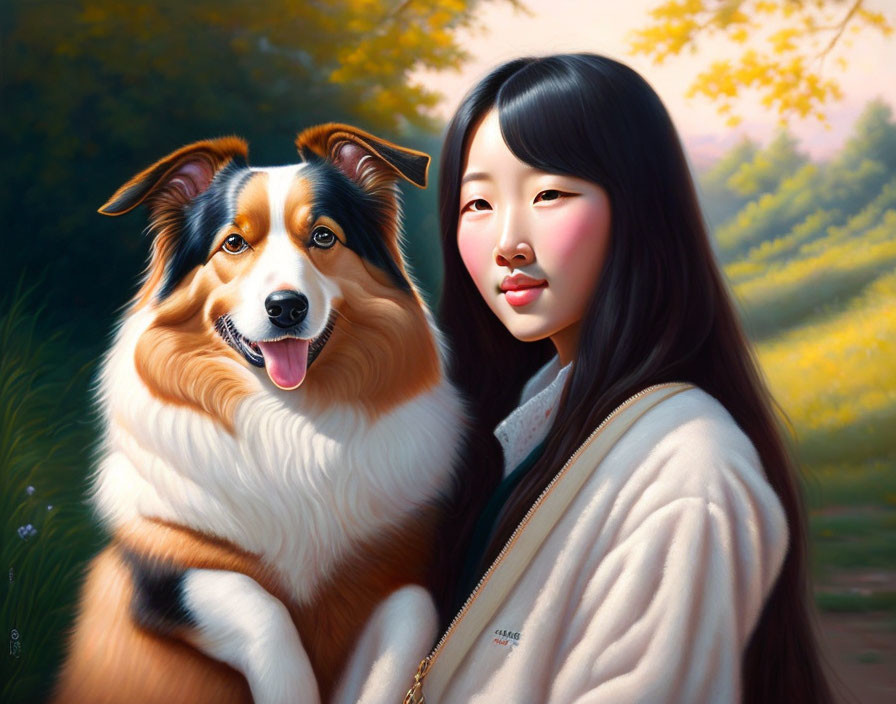 Long-haired girl in beige jacket with tricolor Australian Shepherd dog in sunny scene.