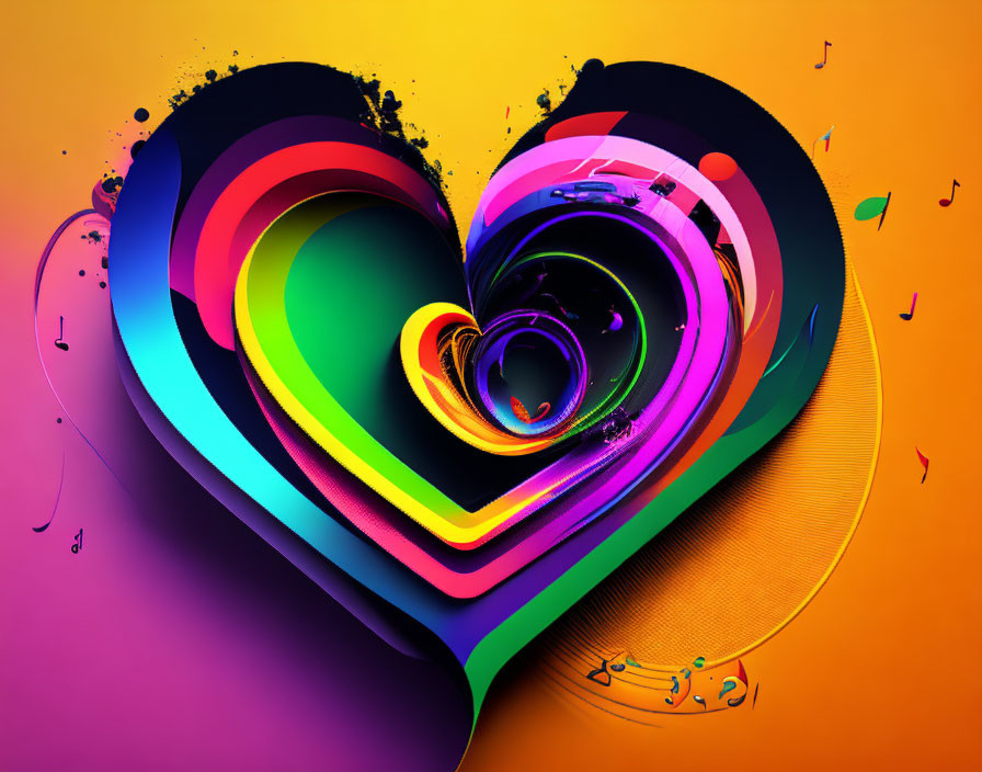 Colorful Digital Artwork: Rainbow Heart with Musical Notes on Orange-Purple Background