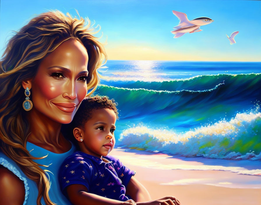 Smiling woman and child on beach at sunset with sea and birds