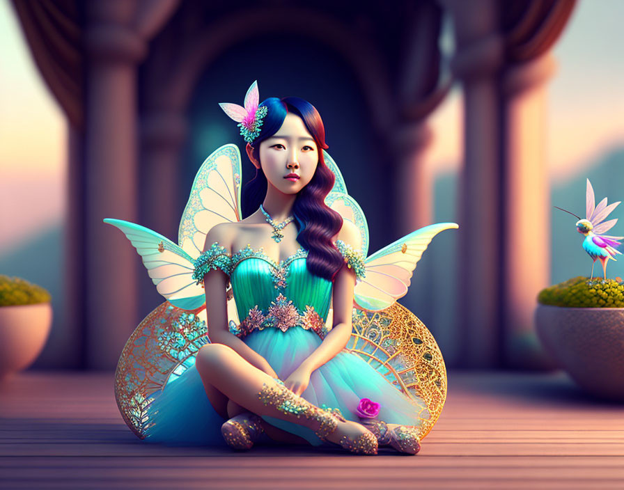 Female fairy digital illustration with translucent wings and blue dress on wooden platform