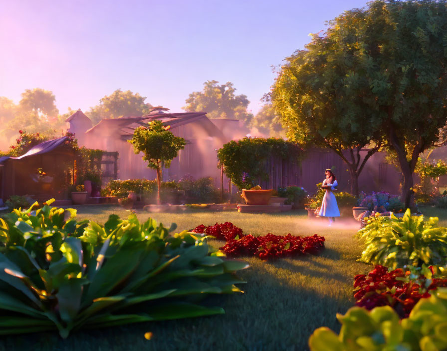 Tranquil sunrise garden scene with vibrant flowers and person in blue dress.