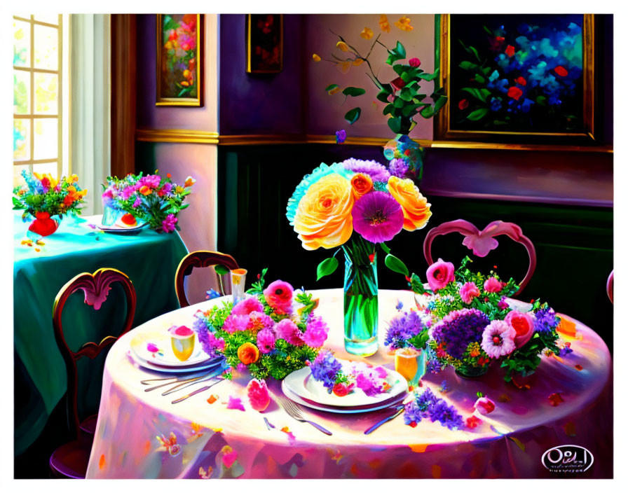 Colorful floral table setting by window with vibrant flowers - cheerful atmosphere