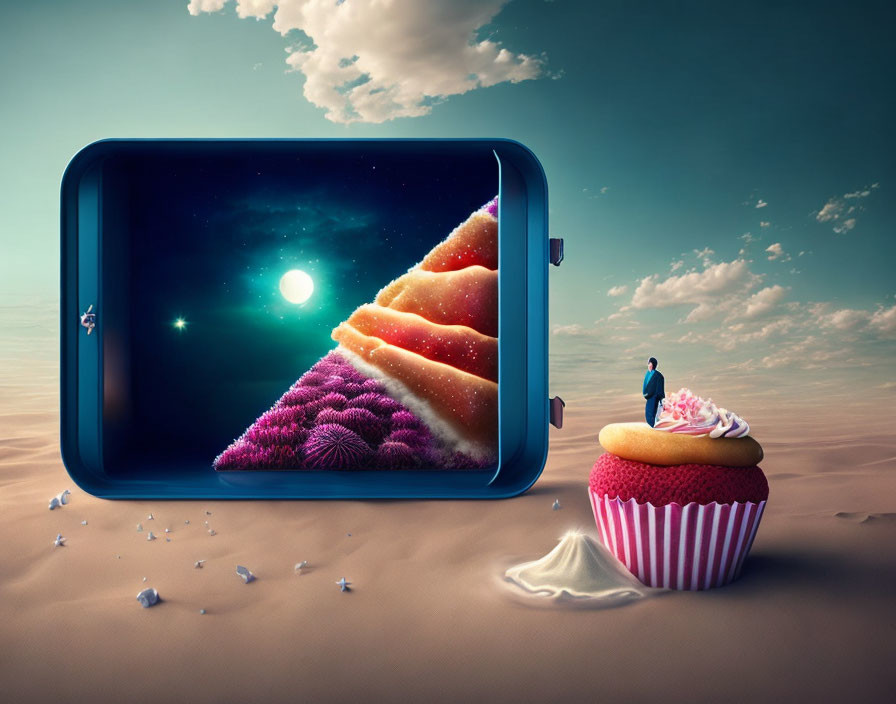 Person near giant cupcake in desert with space scene in sardine can