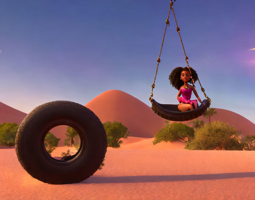 Girl on tire swing in desert with sand dunes and warm sunlight.