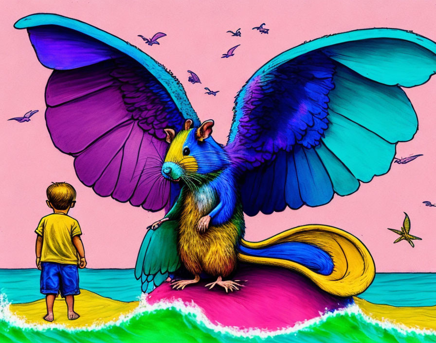 Vibrant illustration: boy and giant squirrel on pink beach