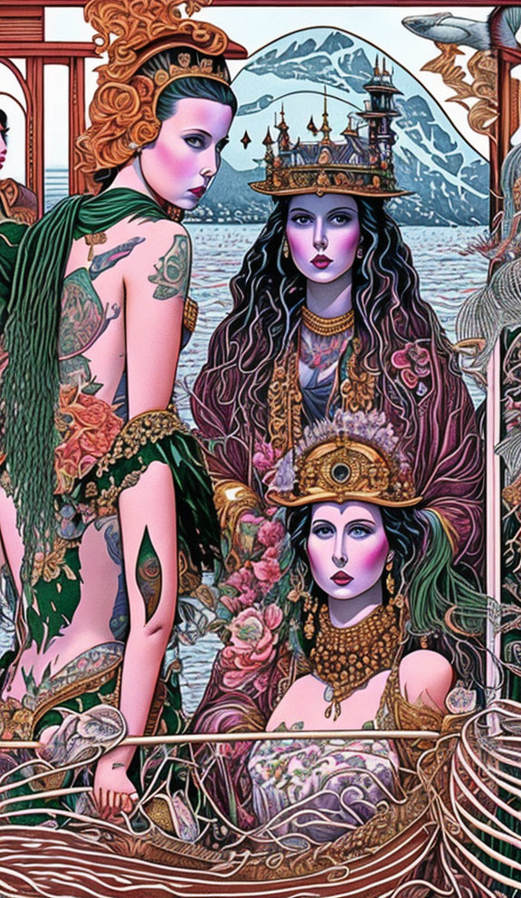 Detailed illustration of two women with tattoos in exotic attire, set against mountains, a ship, and orient