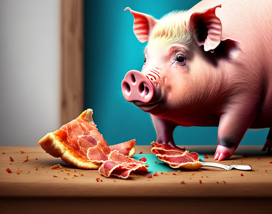 Shocked pig gazes at bacon-topped pizza slices