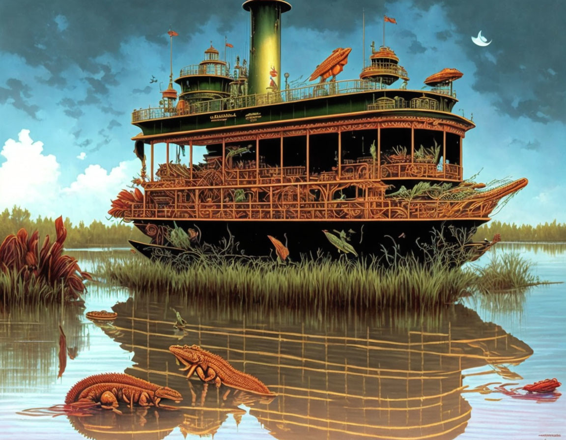 Vintage paddle steamer boat with alligators on calm river at dusk