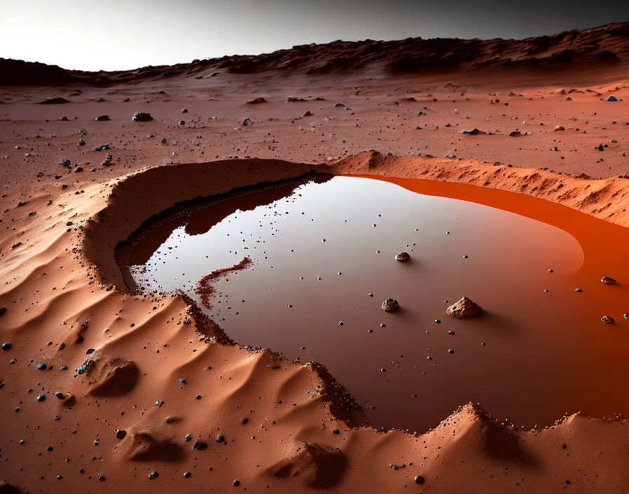 Martian landscape with orange-red sand pool.