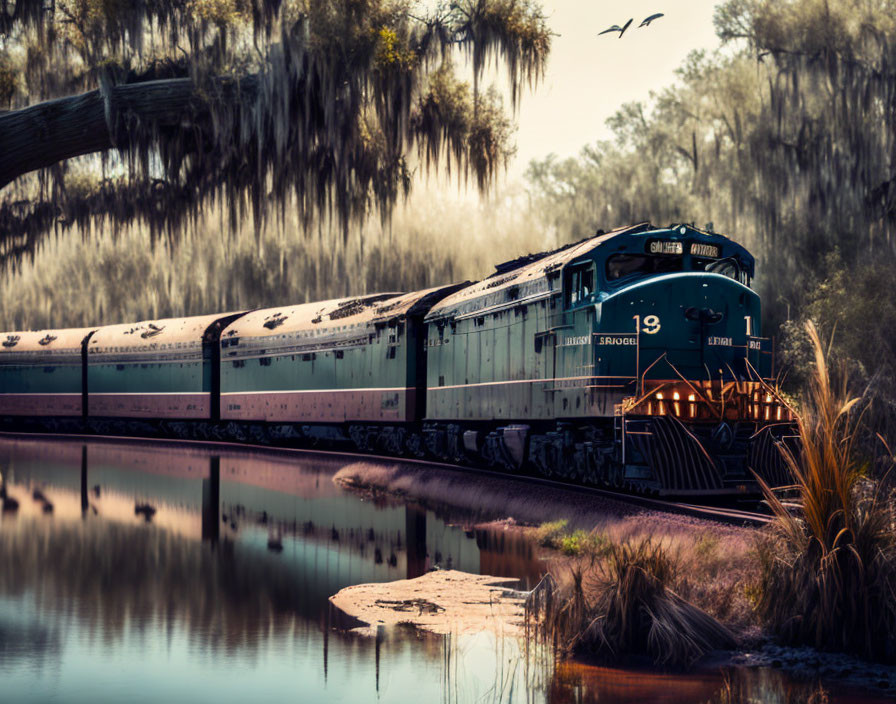 Vintage train crossing misty bridge in tranquil landscape with water reflections and hanging tree moss.