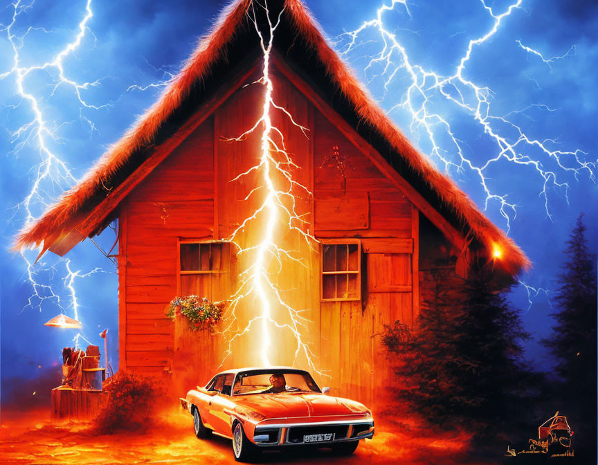 Vintage car parked in front of wooden cabin during intense lightning storm