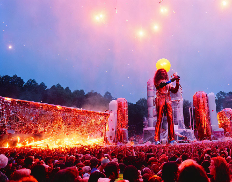 Flamboyant performer singing on stage with fiery effects and vibrant crowd at dusk