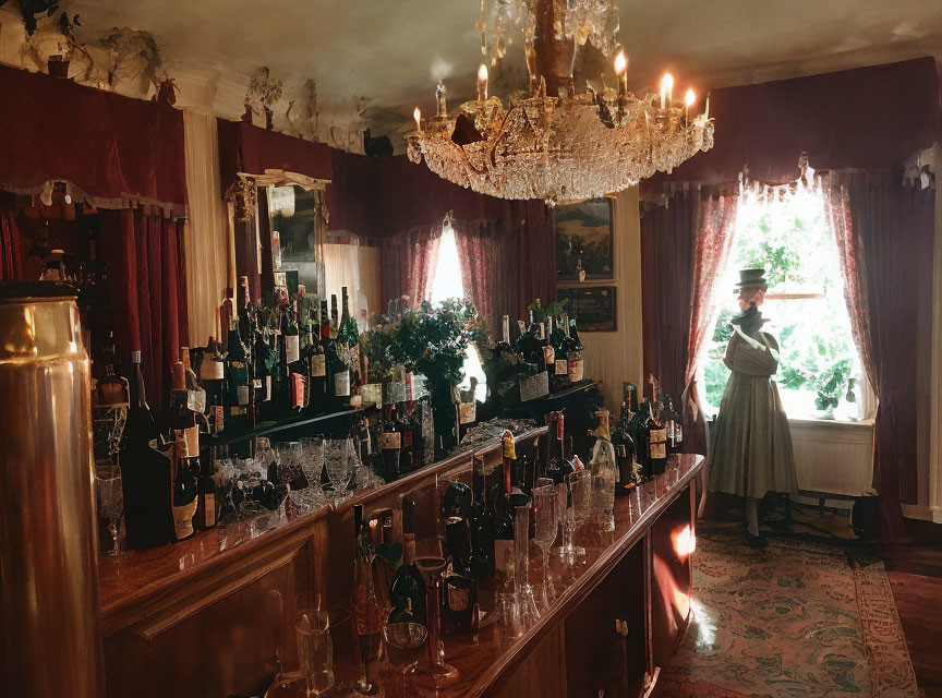 Victorian-style room with person in period clothing, ornate chandelier, and wine bottles on bar